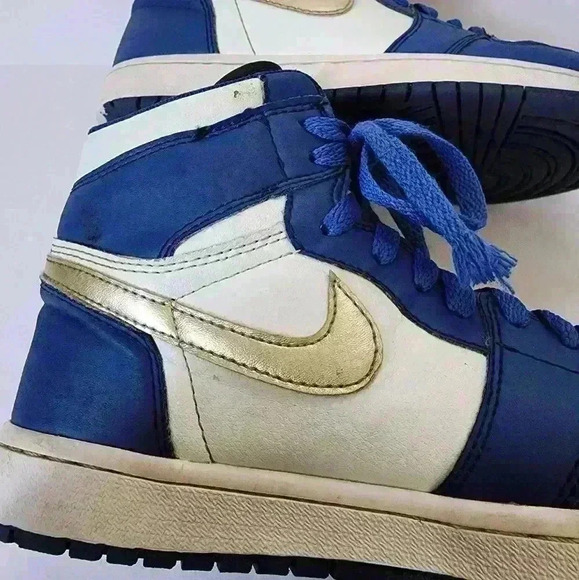 Nike Air Jordan 1 High Retro Gold Metallic Deep Royal Blue GS Sneaker, sz 6 - Picture 9 of 15